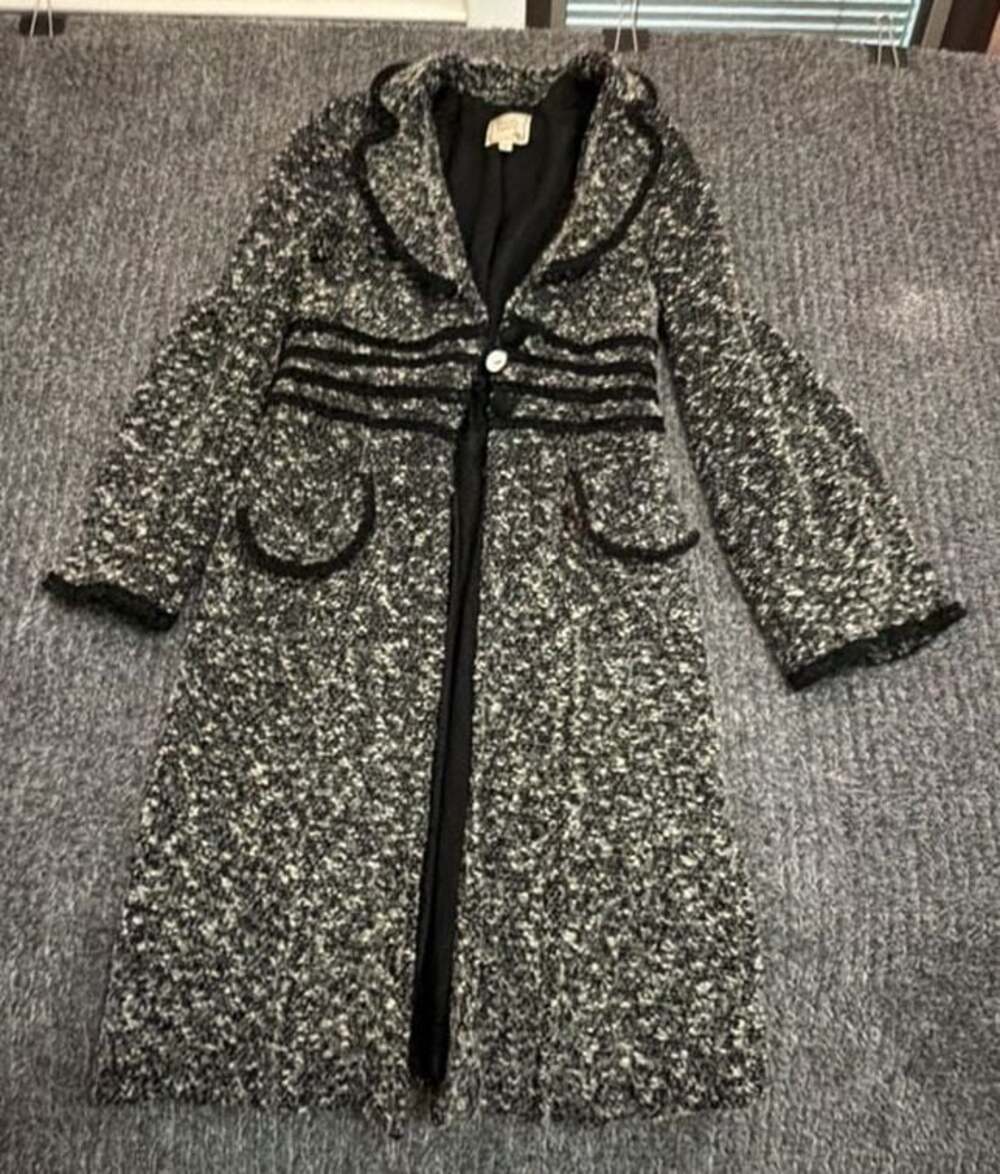 Nanette Lepore Black and White Tweed Wool Blend Long Coat with Velvet Trim
